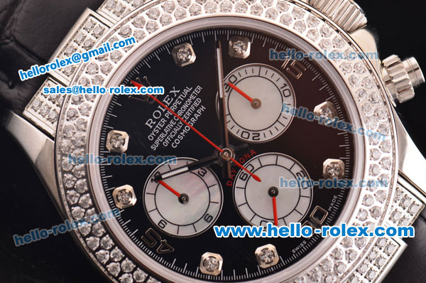 Rolex Daytona Swiss Valjoux 7750-SHG Automatic Diamond Case/Bezel - Black Dial and Black Leather Strap - Click Image to Close